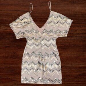 Love Reign Small Pink Silver Gold Sequin Bodycon Cold Shoulder Mini Dress